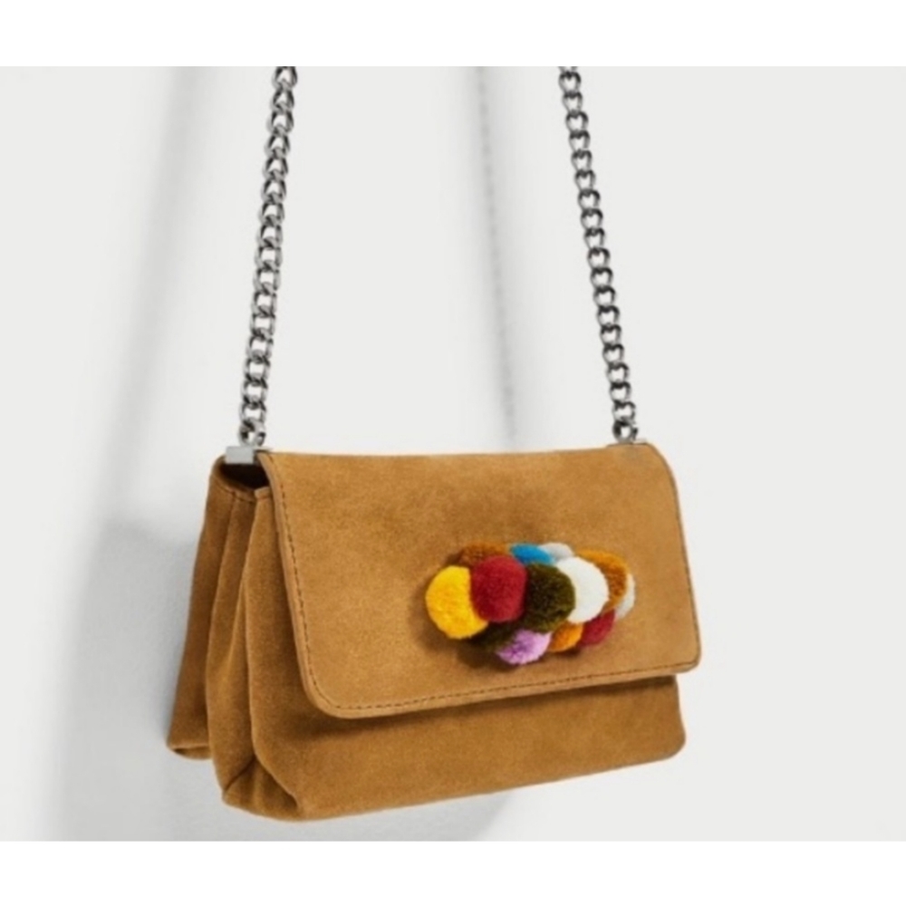 ZARA WOMAN  Pom Pom Embellished Leather Crossbody Bag